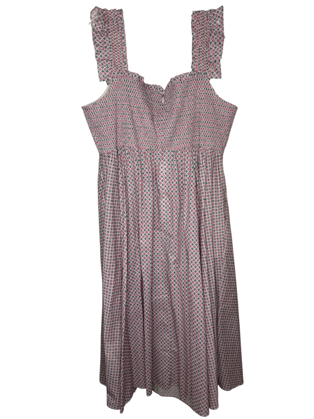 Boden NWT Square Neck Smocked Midi Dress Ivory Circle Stamp Pink Green US 16/18 - Picture 4 of 11